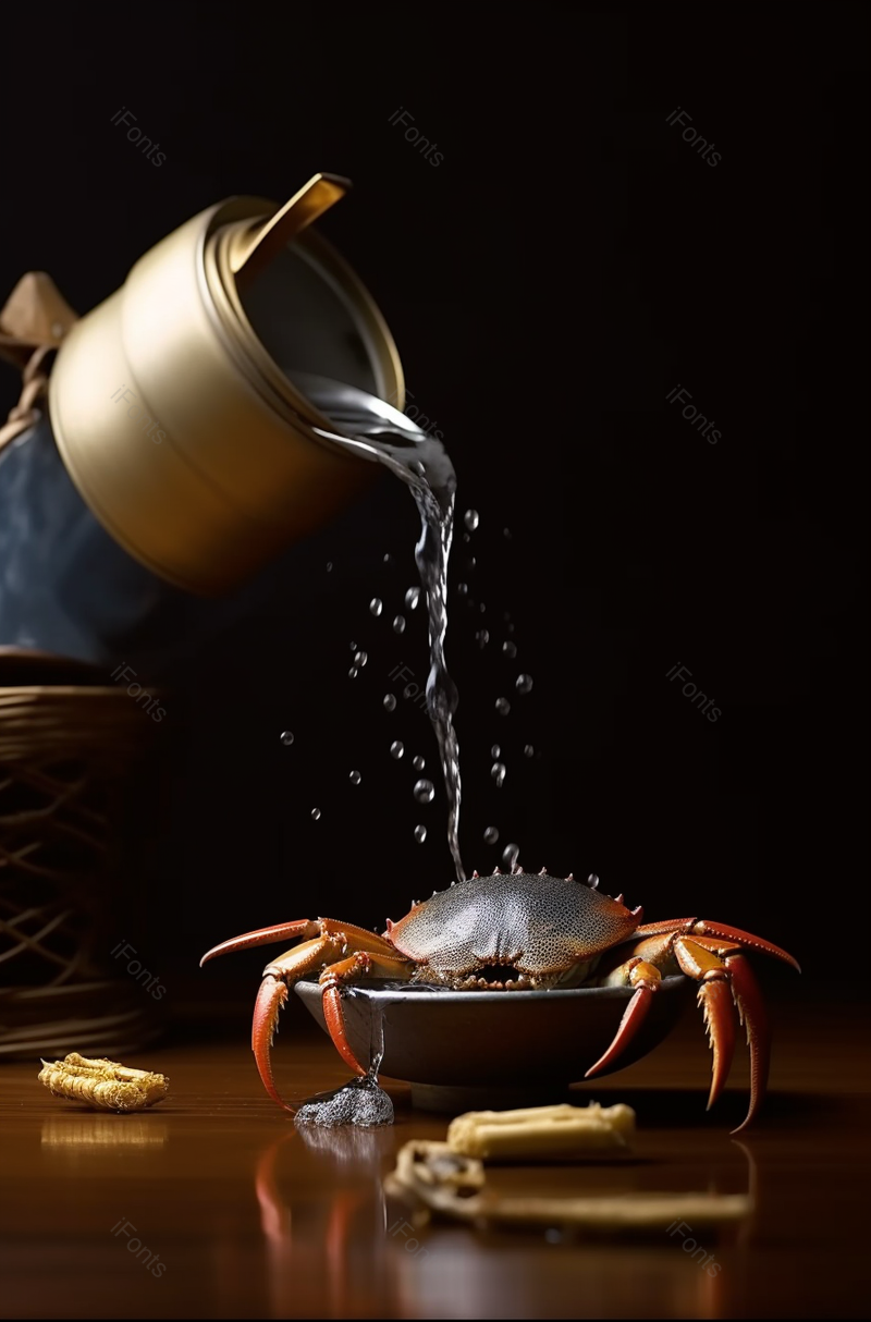碗里的大闸蟹和黄酒静物放在桌上水壶倒出酒水图像摄影,高清,摄影图,摄影图片,图片大全,摄影图免费下载